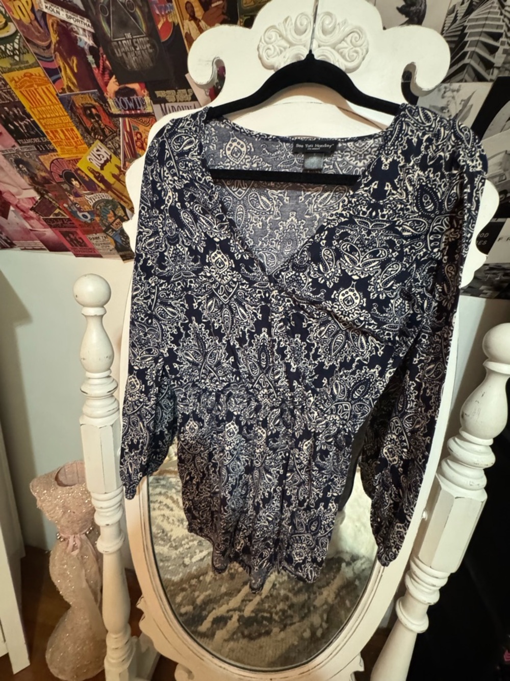 See You Monday Navy & White Paisley Blouse